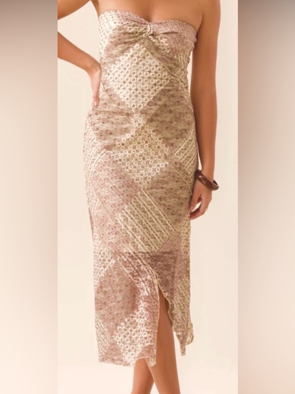 Altard State Brown and Beige Strapless Midi Dress/Patchwork Geometric: Size M